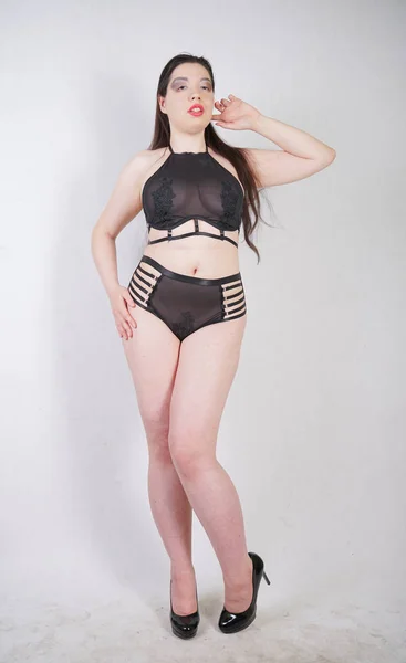 Sexy Chubby Girl Black Sheer Lingerie White Studio Background — Stock Photo, Image