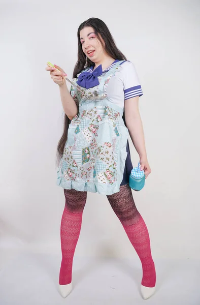 Encantadora Chica Cocina Morena Uniforme Escuela Anime Delantal Cocina Sobre — Foto de Stock