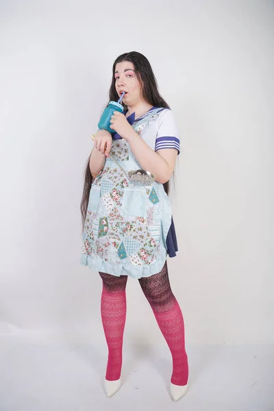 Encantadora Chica Cocina Morena Uniforme Escuela Anime Delantal Cocina Sobre — Foto de Stock