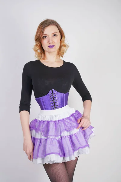 Pretty Fashionable Blonde Girl Wearing Black Jumpsuit Mesh Pantyhose Purple — Stock Photo, Image