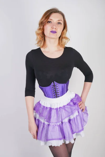 Pretty Slender Girl Purple Corset Tutu Skirt Mesh Black Pantyhose — Stock Photo, Image