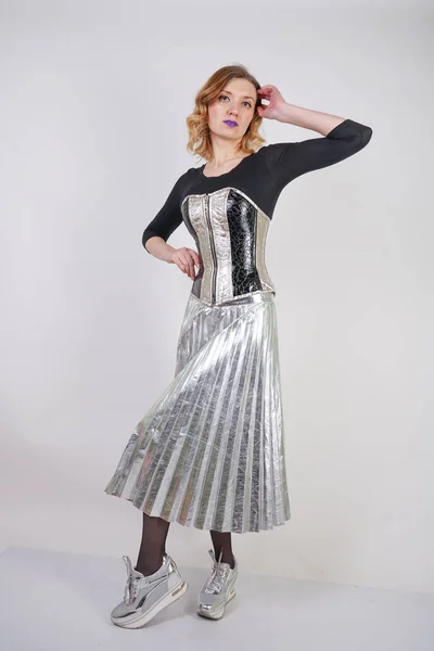 Beautiful Caucasian Girl Wearing Futuristic Pvc Corset Plaid Metallic Skirt — Stock Photo, Image