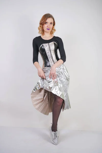 Beautiful Caucasian Girl Wearing Futuristic Pvc Corset Plaid Metallic Skirt — Stock Photo, Image