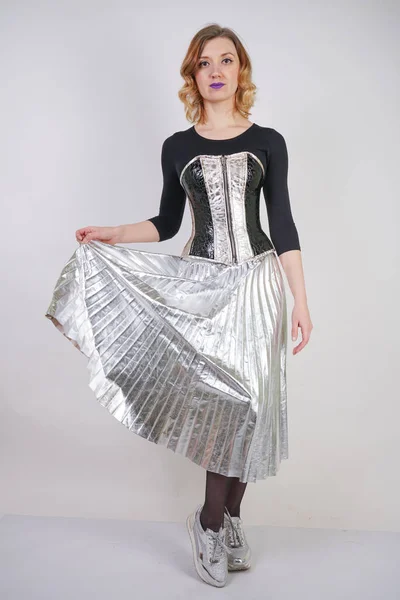 Beautiful Caucasian Girl Wearing Futuristic Pvc Corset Plaid Metallic Skirt — Stock Photo, Image