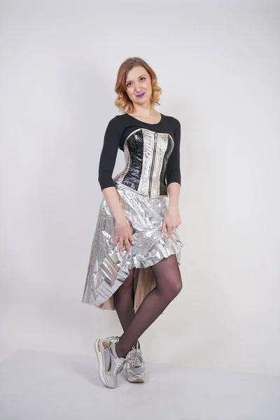 Beautiful Caucasian Girl Wearing Futuristic Pvc Corset Plaid Metallic Skirt — Stock Photo, Image