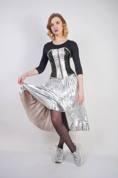 Beautiful Caucasian Girl Wearing Futuristic Pvc Corset Plaid Metallic Skirt — Stock Photo, Image