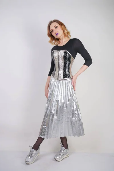 Beautiful Caucasian Girl Wearing Futuristic Pvc Corset Plaid Metallic Skirt — Stock Photo, Image