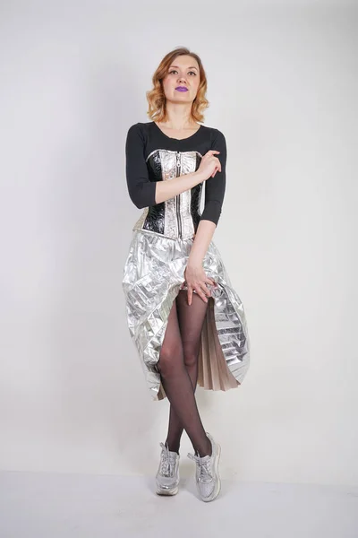 Beautiful Caucasian Girl Wearing Futuristic Pvc Corset Plaid Metallic Skirt — Stock Photo, Image