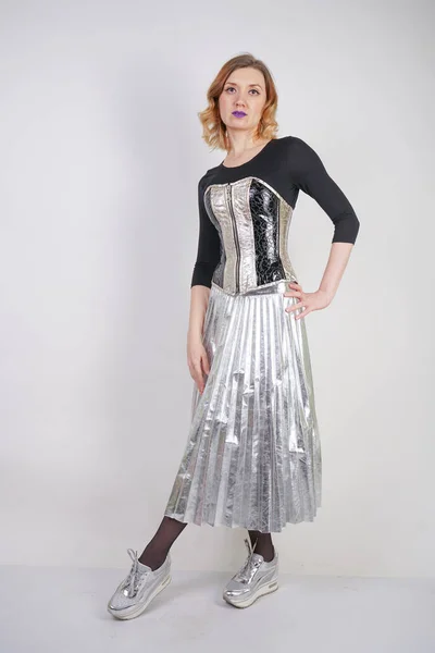 Beautiful Caucasian Girl Wearing Futuristic Pvc Corset Plaid Metallic Skirt — Stock Photo, Image