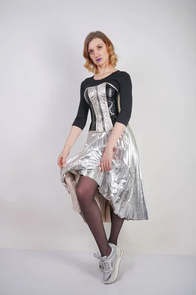 Beautiful Caucasian Girl Wearing Futuristic Pvc Corset Plaid Metallic Skirt — Stock Photo, Image