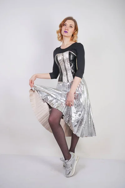 Beautiful Caucasian Girl Wearing Futuristic Pvc Corset Plaid Metallic Skirt — Stock Photo, Image