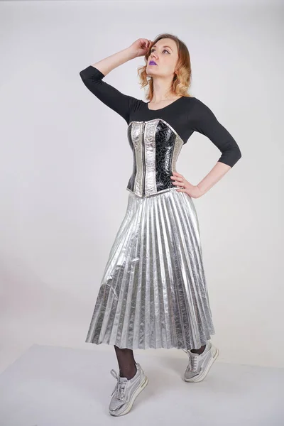 Beautiful Caucasian Girl Wearing Futuristic Pvc Corset Plaid Metallic Skirt — Stock Photo, Image