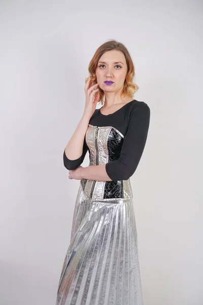 Beautiful Caucasian Girl Wearing Futuristic Pvc Corset Plaid Metallic Skirt — Stock Photo, Image