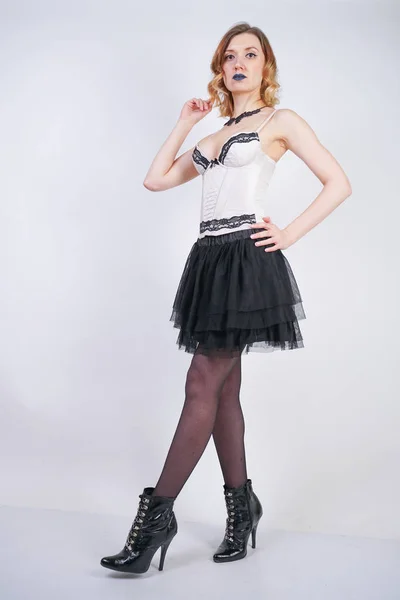 Charming Caucasian Blonde Lace Beige Lingerie Bodice Black Skirt White — Stock Photo, Image