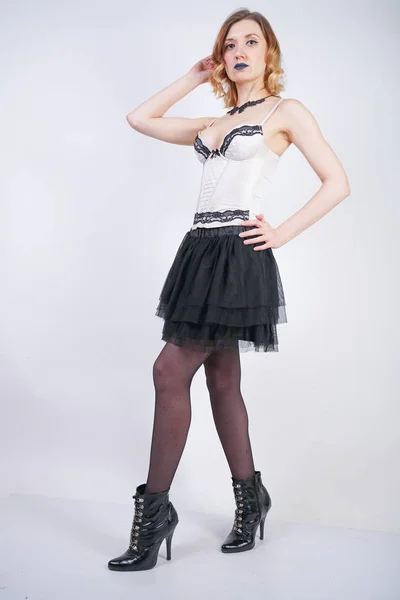 Charming Caucasian Blonde Lace Beige Lingerie Bodice Black Skirt White — Stock Photo, Image