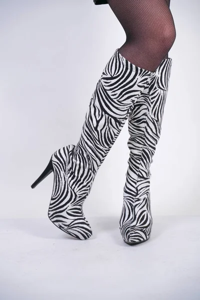 Мода Зебра Бархатные Сапоги Высокими Каблуками Белом Фоне Студии — стоковое фото