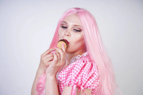 Erotické Bělošské Děvčátko Růžovém Kostním Oblečení Vynikající Letní Zmrzlinu Sexy — Stock fotografie