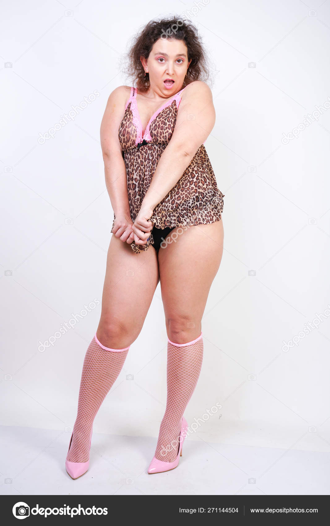 Chubby Happy Woman Leopard Print Lingerie Nightgown Dress Pink Mesh Stock  Photo by ©agnadevi 271144504
