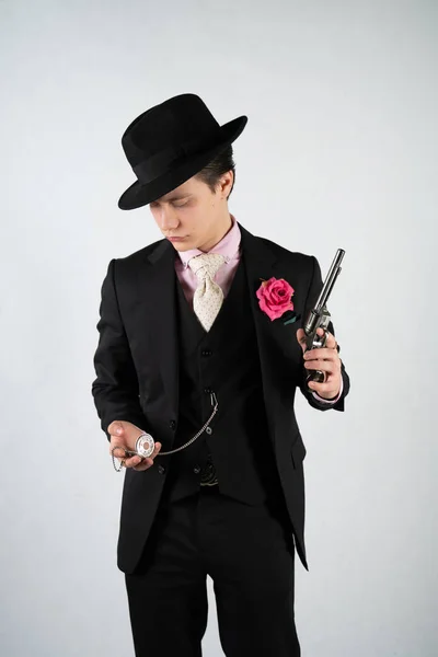 Young Man Formal Suit Hat Gun His Hands White Background — Stock Photo, Image