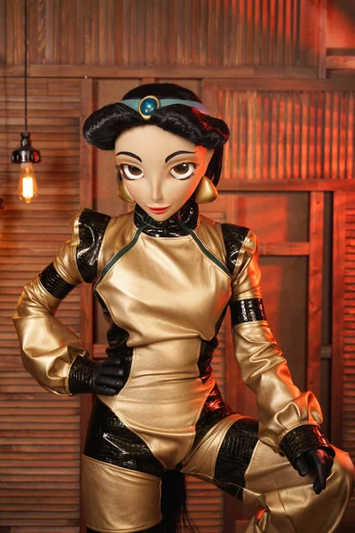 Beautiful Girl Full Face Mask Doll Leather Space Jumpsuit Posing — Stock Photo, Image