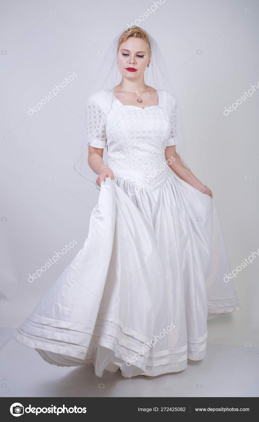 Pretty Curvy Adult Woman Short Hair Wearing Long Vintage Wedding