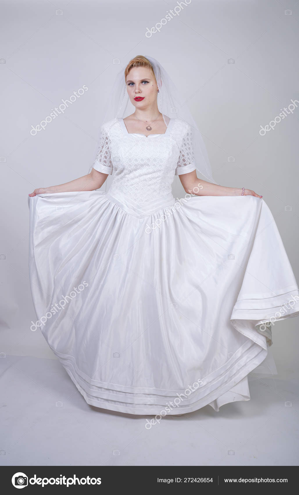 Pretty Curvy Adult Woman Short Hair Wearing Long Vintage Wedding