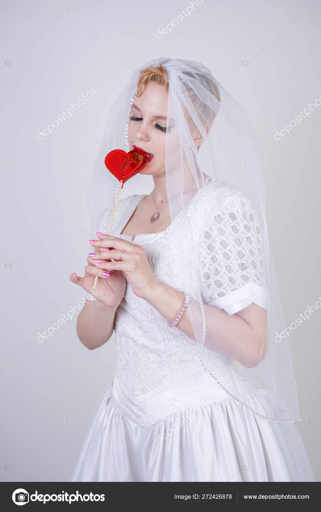 Pretty Curvy Adult Woman Short Hair Wearing Long Vintage Wedding