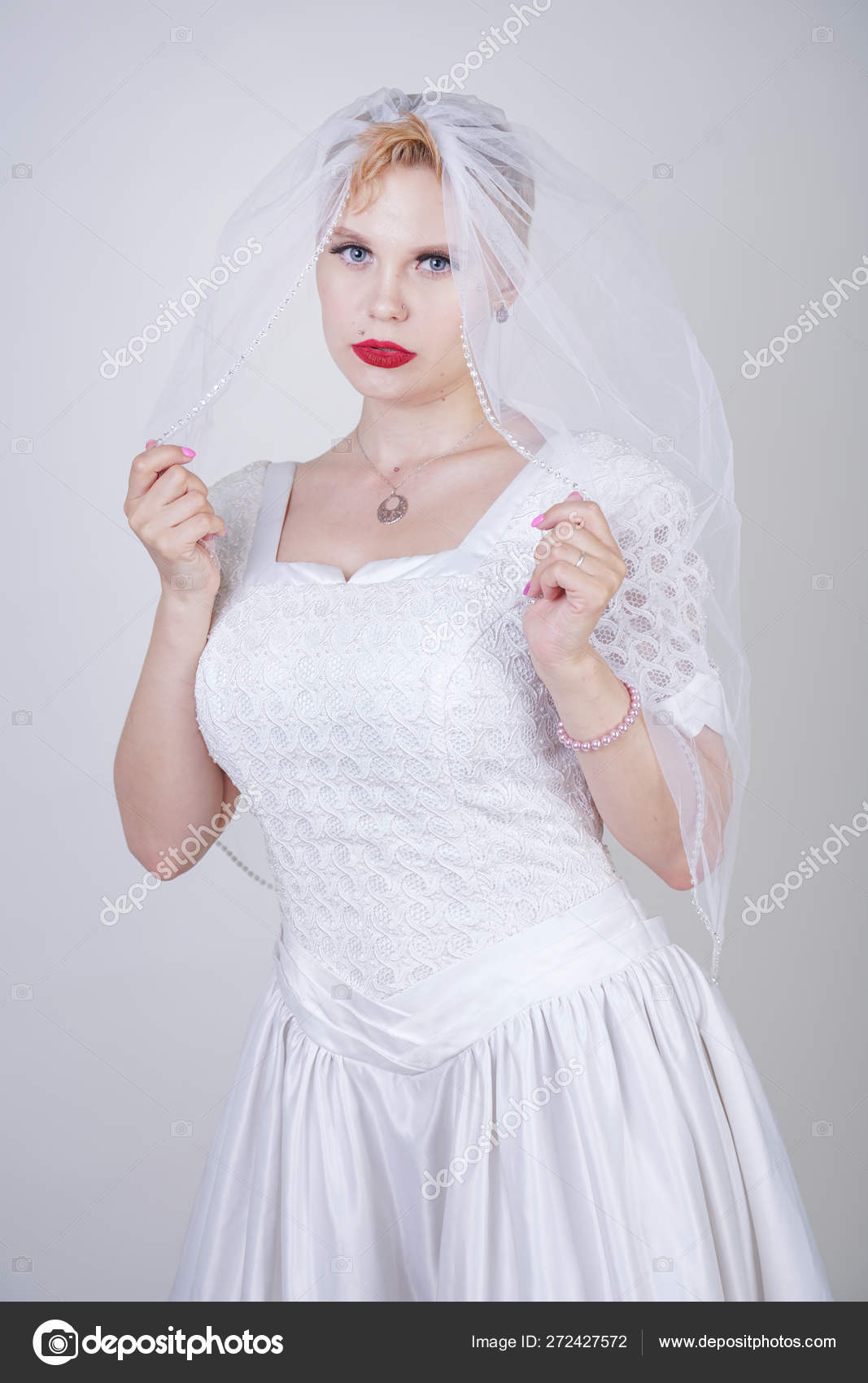 Pretty Curvy Adult Woman Short Hair Wearing Long Vintage Wedding