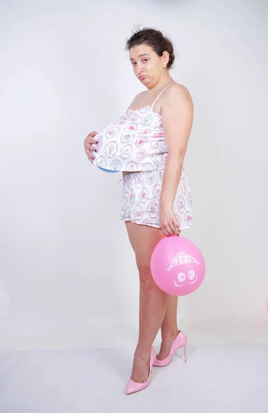 Menina Meia Idade Realmente Quer Engravidar Mulher Pijama Com Balão — Fotografia de Stock