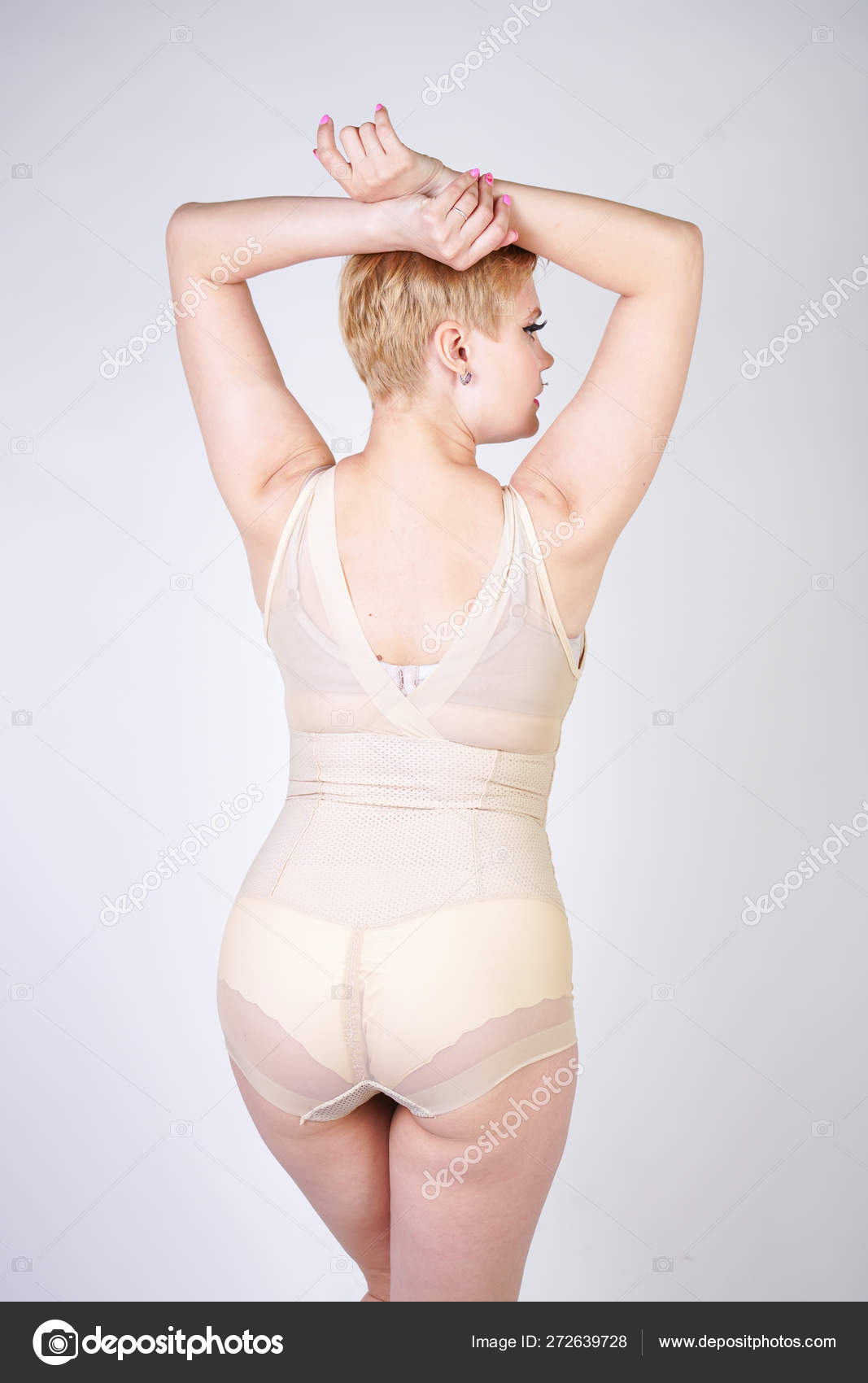 Cute Chubby Girl Short Hair Curvy Figure Dressed Beige Tight Stock