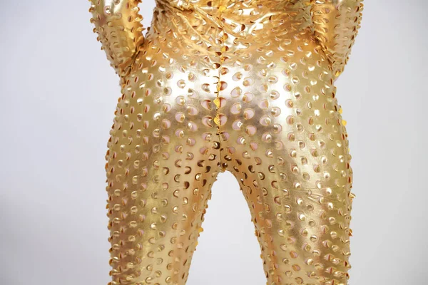 Futuristic Size Caucasian Woman Wearing Golden Metallic Spandex Catsuit White — Stock Photo, Image