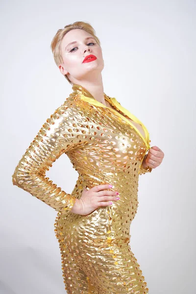 Futuristic Size Caucasian Woman Wearing Golden Metallic Spandex Catsuit White — Stock Photo, Image