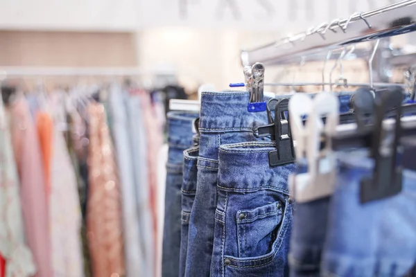 Fashionable Clothes Hanging Hangers Store Nobody — Stock Photo, Image