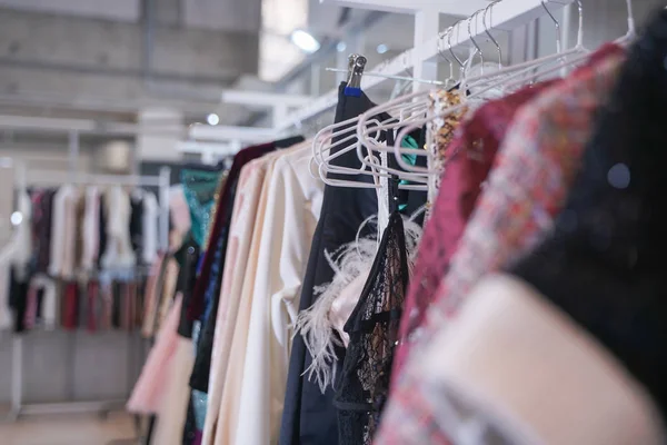 Fashionable Clothes Hanging Hangers Store Nobody — Stock Photo, Image