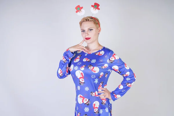 Pretty Blonde Girl Short Hair Wearing Christmas Funny Bright Dress — Stock Photo, Image