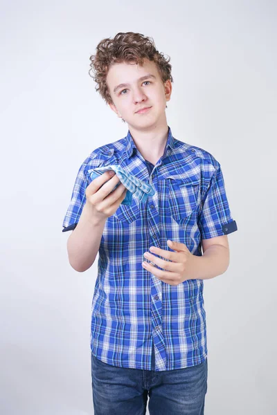 Allergie Jongen Kind Met Loopneus Houden Een Zakdoek Tiener Heeft — Stockfoto