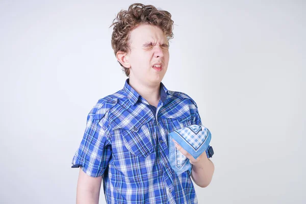 Allergie Jongen Kind Met Loopneus Houden Een Zakdoek Tiener Heeft — Stockfoto