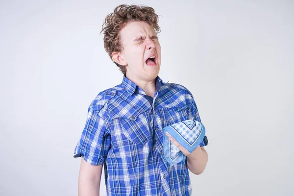 Allergie Jongen Kind Met Loopneus Houden Een Zakdoek Tiener Heeft — Stockfoto