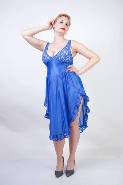 Cute Caucasian Girl Short Hair Curvy Body Blue Lace Nightgown — Stock Photo, Image