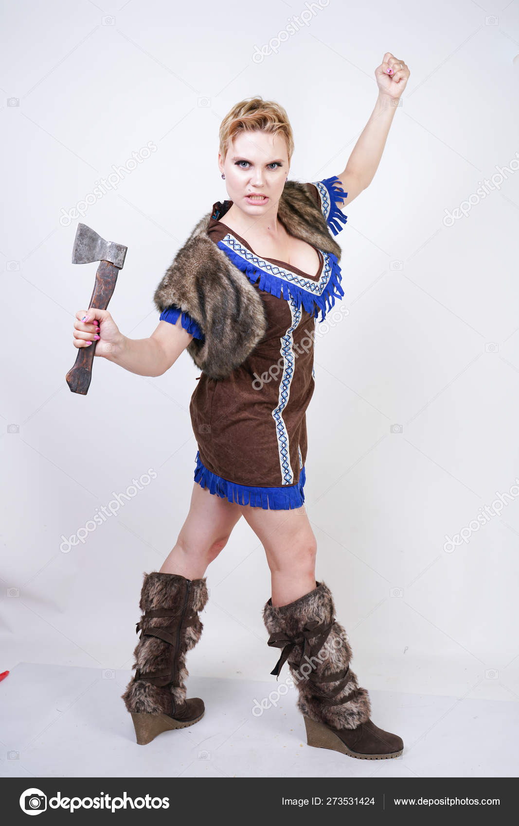 Strong Woman Short Hair Size Figure Primitive Hunter Costume Axe