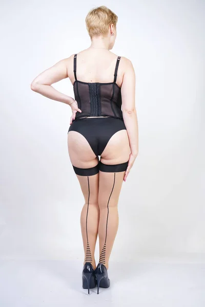 Sexy Size Woman Short Hair Wearing Brown Corset Black Lace — Stock Photo, Image