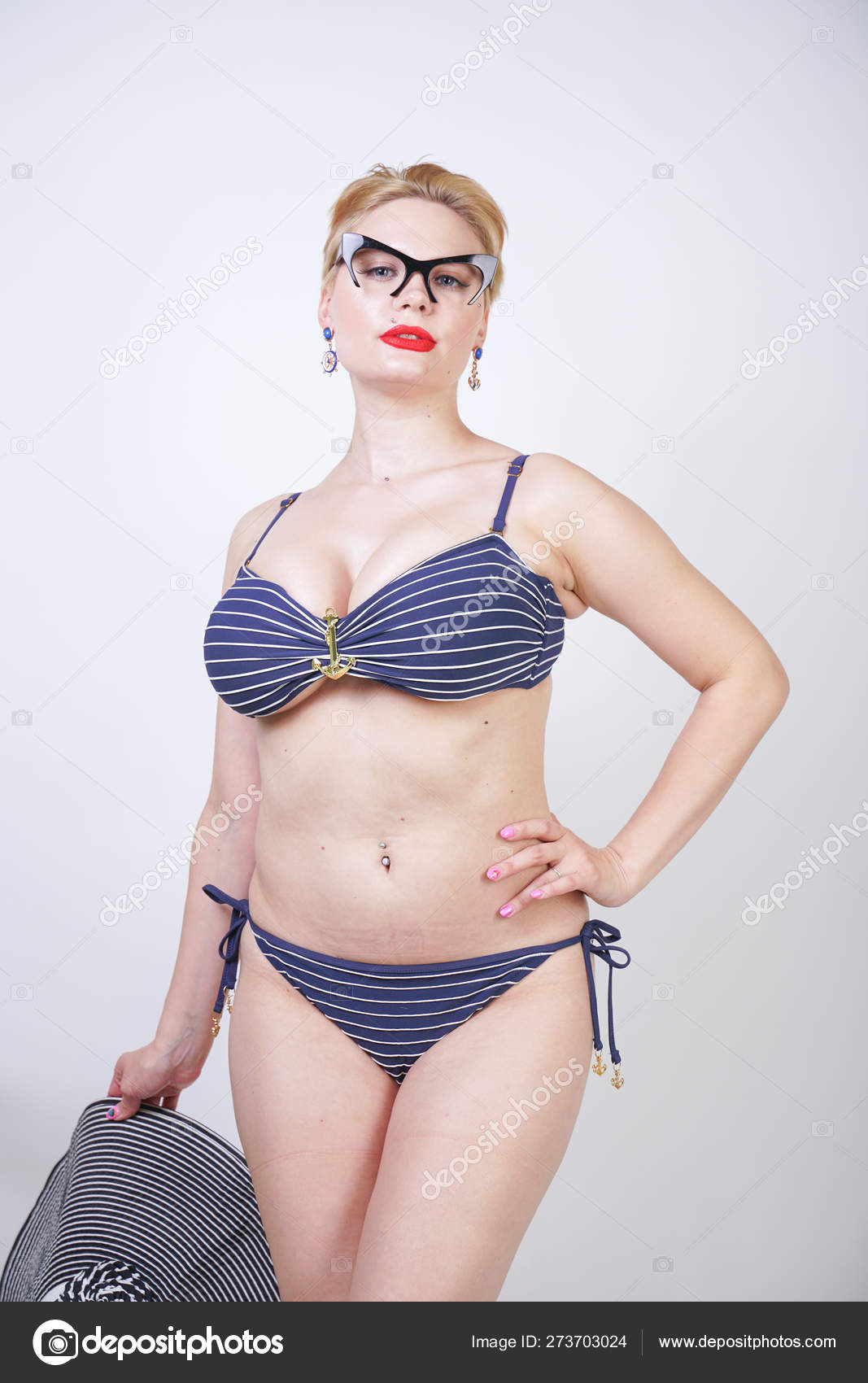 Beautiful Curvy Caucasian Girl Big Breasts Striped Swimsuit Stands White  Stock Photo by ©agnadevi 273703024