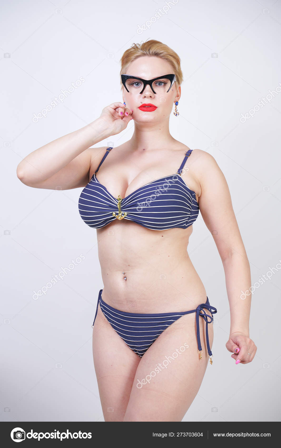 Beautiful Curvy Caucasian Girl Big Breasts Striped Swimsuit Stands White  Stock Photo by ©agnadevi 273703604