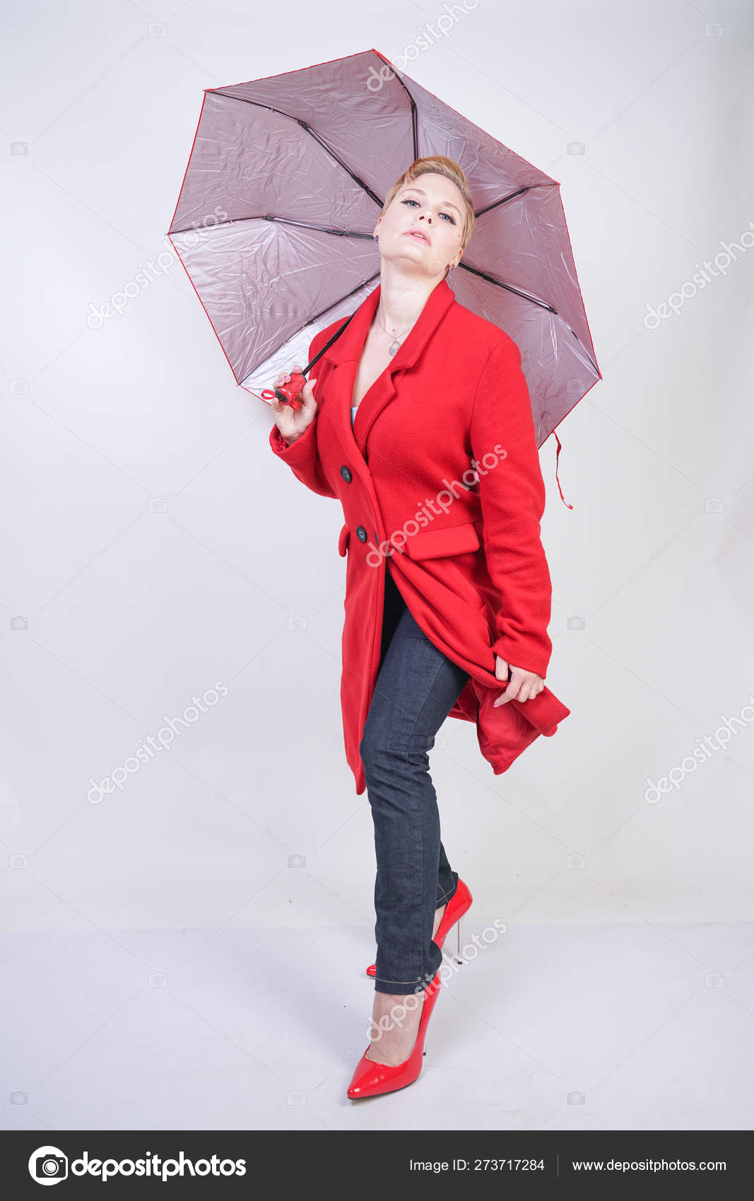 Cute Short Hair Chubby Girl Modern City Wool Coat Holding Stock