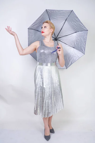 Cute Chubby Short Hair Girl Modern City Metallic Silver Dress — Stock Photo, Image