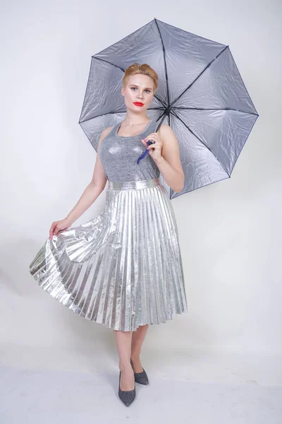 Cute Chubby Short Hair Girl Modern City Metallic Silver Dress — Stock Photo, Image