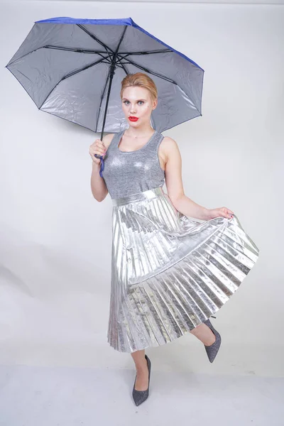 Cute Chubby Short Hair Girl Modern City Metallic Silver Dress — Stock Photo, Image