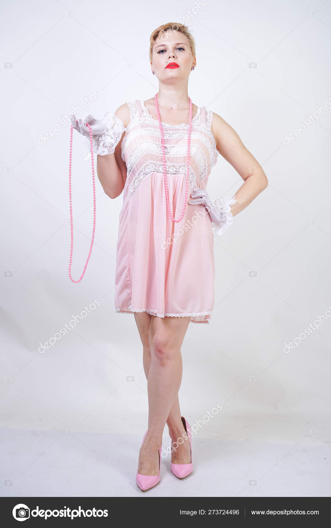Romantic Size Girl Short Blonde Hair Pink Lace Nightgown White
