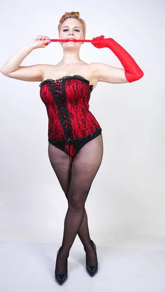 Sexy Size Woman Short Hair Red Lace Bodice Sheer Classic — Stock Photo, Image