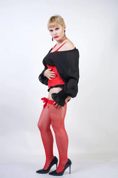 Charming Girl Short Hair Size Figure Lace Corset Red Fishnet — Stock Photo, Image